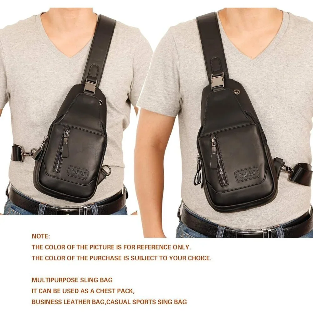 💫 Men Black Crossbody Bag Leather Sling Travel Chest Outdoor Sports Backpack